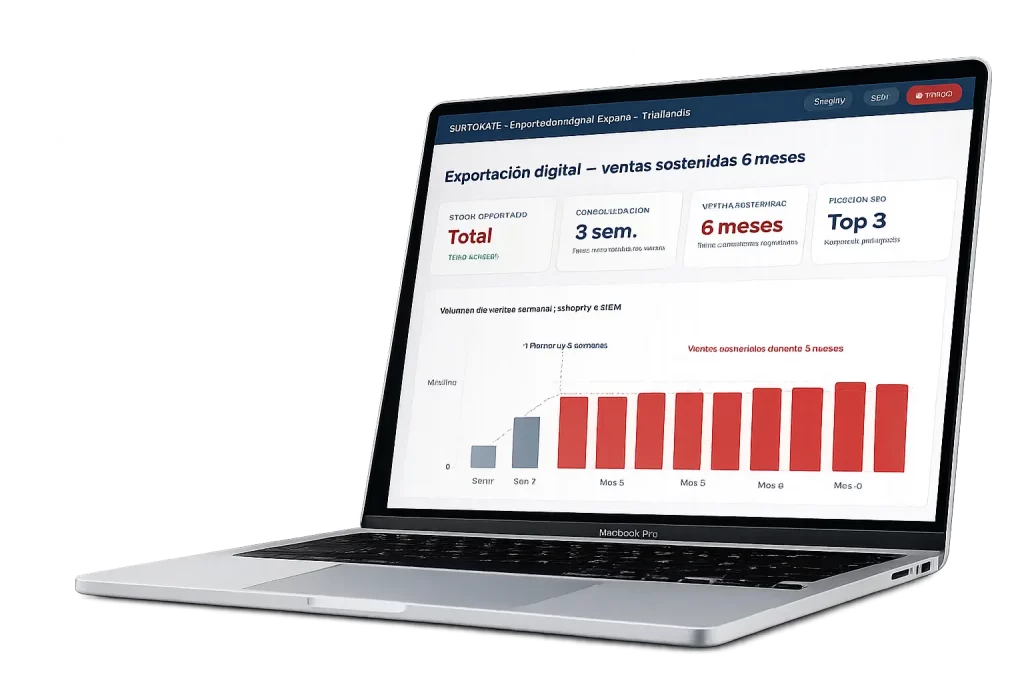 Consultoría de marketing digital — Estrategia de captación de clientes internacionales con SEO, SEM y Shopify: ventas sostenidas 6 meses y posicionamiento top 3