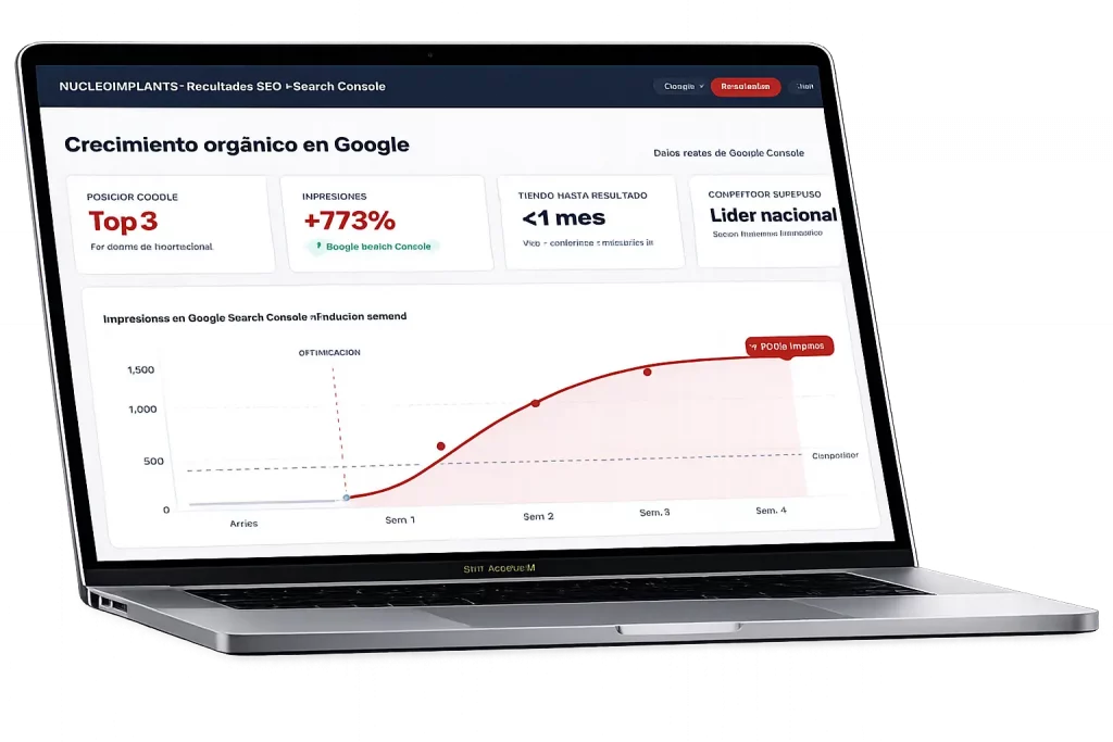 Consultoría de marketing digital — Posicionamiento SEO en Google top 3 con crecimiento orgánico del +773% en impresiones de Search Console en menos de un mes