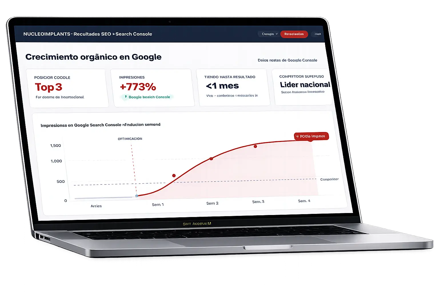Resultados SEO — +773% crecimiento orgánico en Google Search Console